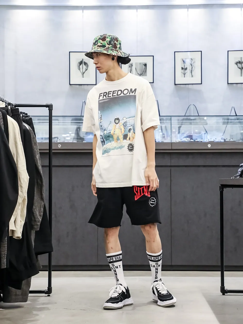 SAINT Mxxxxxx 'SAINT' SWEAT SHORTS/GRY/BLK embroidered SAINT LOGO basic shorts, distressed gray/washed black S-XL, four needles and six threads throughout, produced by a major domestic factory, imported Tajima machine embroidery, washed and distressed, original version